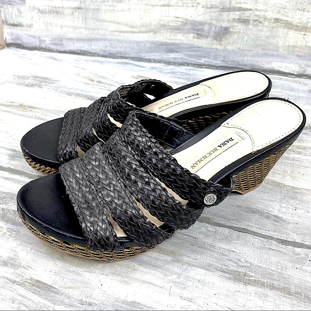 Dana Buchman Black Woven Strap Open-Toe Wedge Sandal “Billy” Slip-On Slide Heels